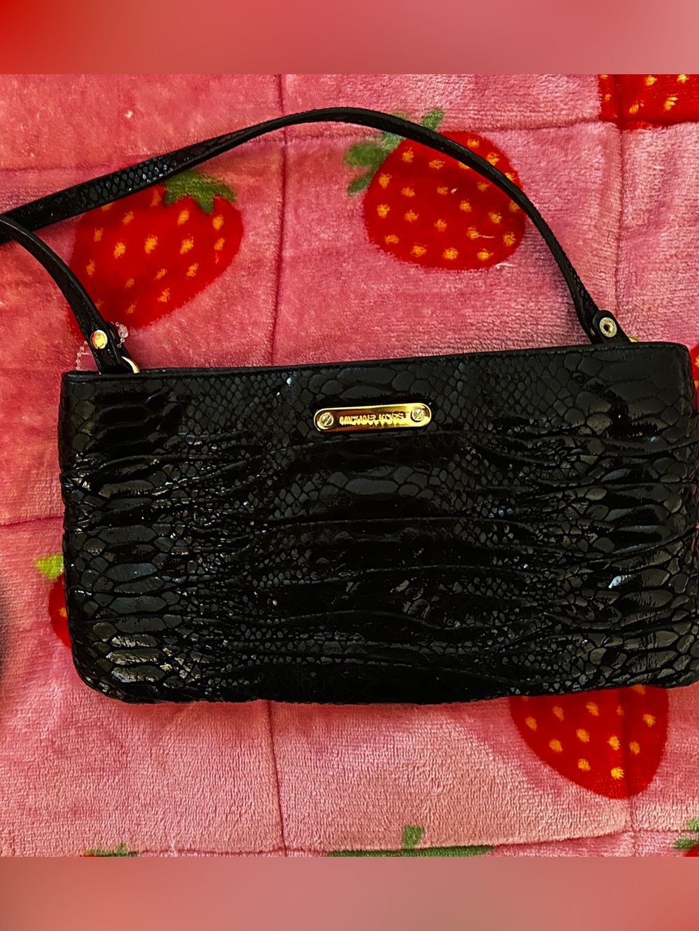 Michael Kors Black Patent Croc-Embossed Wristlet Clutch with Gold Plate